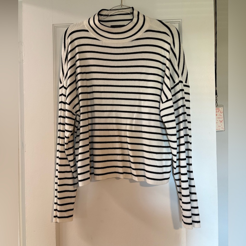 Ann Taylor Black and White Striped Mock Neck Sweater